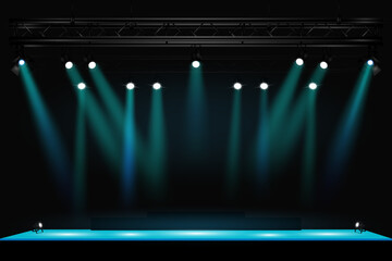 Professionally lit stage on a dark background. A truss with spotlights is installed on top. Suitable for visualization of concerts, theater productions, presentations. EPS10 vector illustration.