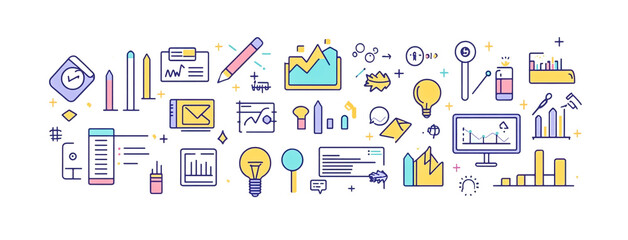 Set of vector icons, charts, and graphs in a flat design style on a white background