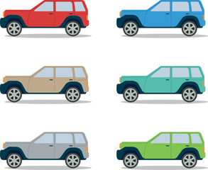 Side view cars of different colors. Flat style. Vector illustration.
