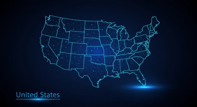 Futuristic glowing line art representation of the United States map, dark blue theme