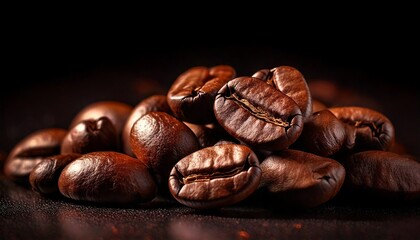 Primer plano de granos de caf&eacute; sobre fondo oscuro