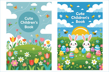 Cartoon Easter Bunny Illustrations With Easter Eggs And Flowers For Childrens Book
