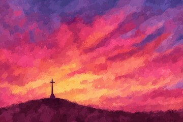Colorful sunset over a hill with a cross silhouette in the background creating a serene atmosphere