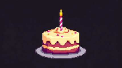 Y2K-inspired pixel art birthday cake icon. Vibrant, festive design featuring a cake with cream and a single candle