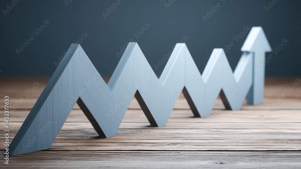 Poster wooden table displaying a row of white arrows indicating direction and low-volatility investment str