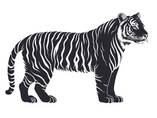 Obraz premium A majestic Bengal tiger stands proudly in profile view against a stark white background showcasing its powerful silhouette.
