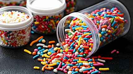 Fototapeta premium Colorful sprinkles in clear containers spill onto dark surface. A variety of shapes and colors are visible
