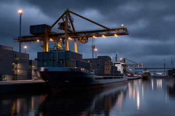 Obraz premium Cargo Ship Docks at Night, Container Vessel Arrives at Port, Crane Unloads Goods Efficiently under Twilight Sky.