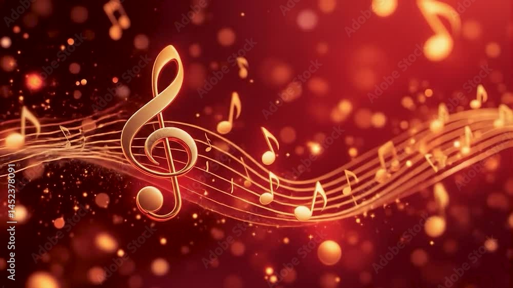 Poster A vibrant, dynamic composition featuring flowing musical notes in gold against a deep red background. Soft lighting enhances the shimmer on the notes, creating a festive mood. Sparkles add depth, capt