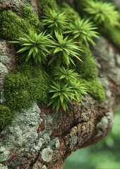 Close-up view of vibrant green moss and plants growing on tree bark surface