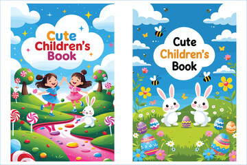 Cartoon Illustration Designs For Children Books With Girls Bunnies And Easter