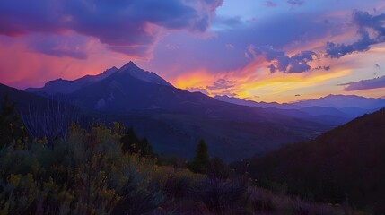 Obraz premium Majestic Mountain Range Silhouetted Against Vibrant Sunset Sky, with Lush Vegetation in the Foreground, Displaying Breathtaking Colors and Dramatic Lighting, Creating a Serene and Tranquil Atmosphere.