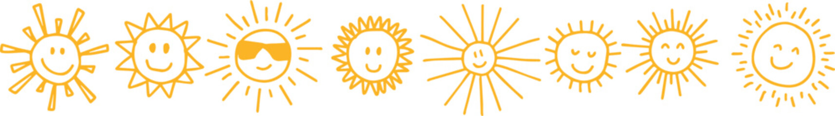 Doodle different sun icons set. Scribble yellow sun with rays symbols. Doodle children drawings collection. Hand drawn burst. Hot weather sign. Vector illustration isolated on white background.