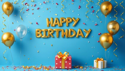 Blue background, gold foil balloons, confetti, presents, happy birthday,  card,  celebration