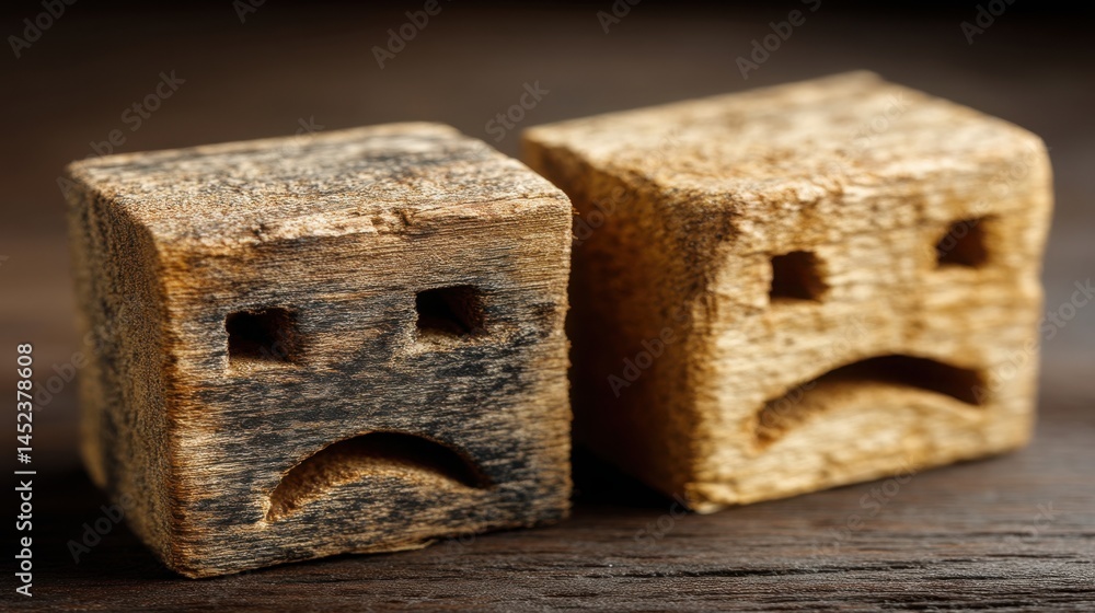 Poster two wooden blocks with faces illustrating emotions and machine empathy concepts in a playful and cre