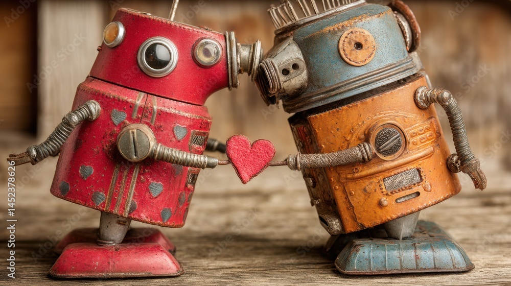 Poster two friendly robots standing side by side showcasing machine empathy and interaction concepts in tec