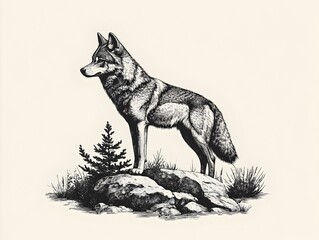 A majestic grey wolf stands proudly on a rocky outcrop amidst low-lying vegetation and a small coniferous tree.