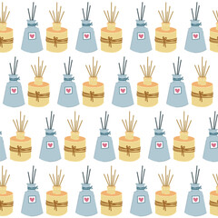 Vector seamless pattern with spa and relaxation items. Cozy pictures with candles, aromatherapes, masks, etc. Relaxation time. For paper, packaging, banners, textiles, wallpaper.