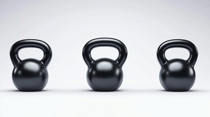 Three black kettlebells on a white background