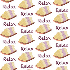 Vector seamless pattern with spa and relaxation items. Cozy pictures with candles, aromatherapes, masks, etc. Relaxation time. For paper, packaging, banners, textiles, wallpaper.
