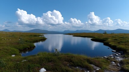 Fototapeta premium Serene Mountain Lake Reflection with Stunning Summer Sky.