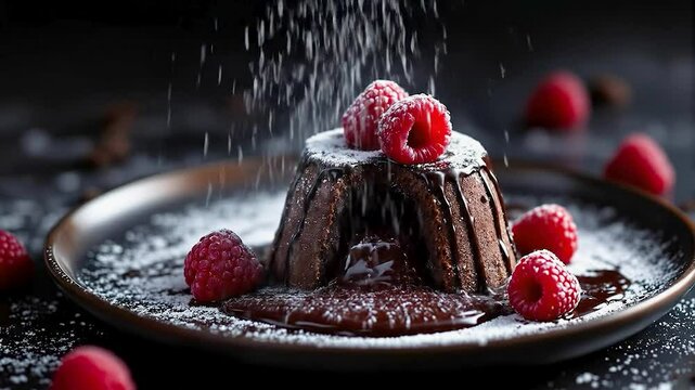 Decadent chocolate lava cake on a dark metallic plate, topped with fresh raspberries. Soft, diffused lighting highlights the rich textures and powdered sugar dusting, creating an elegant, moody atmosp