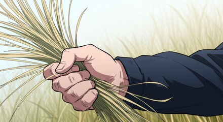 Manhwa-style illustration of a clenched hand holding dry grass with deep shadows
