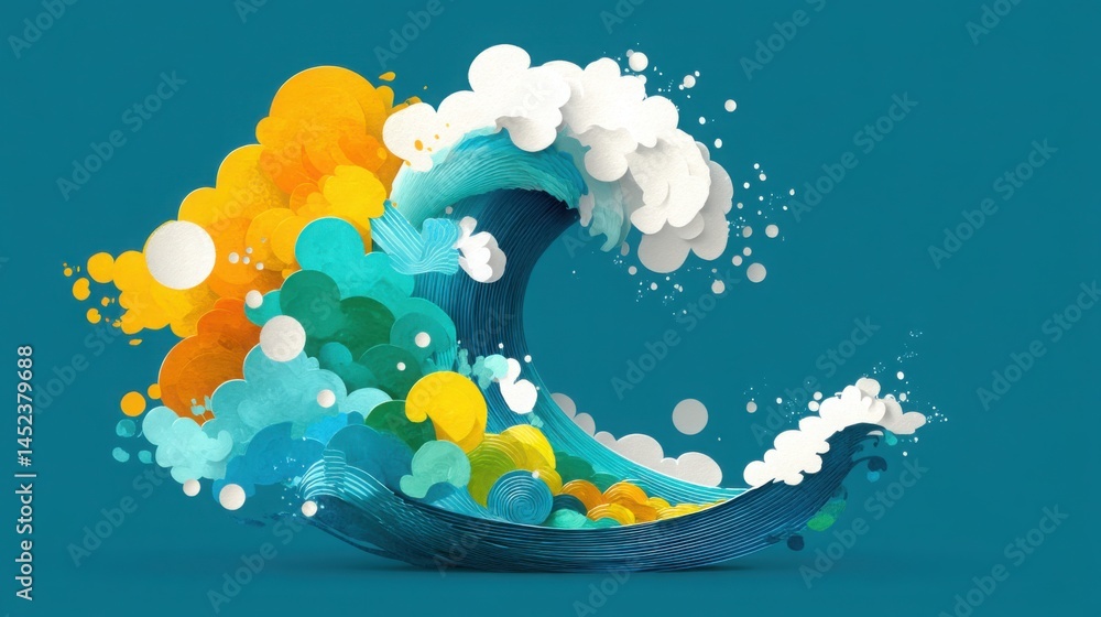 Poster artistic wave with colorful shapes symbolizing market cycle emotional predictive modeling and concep