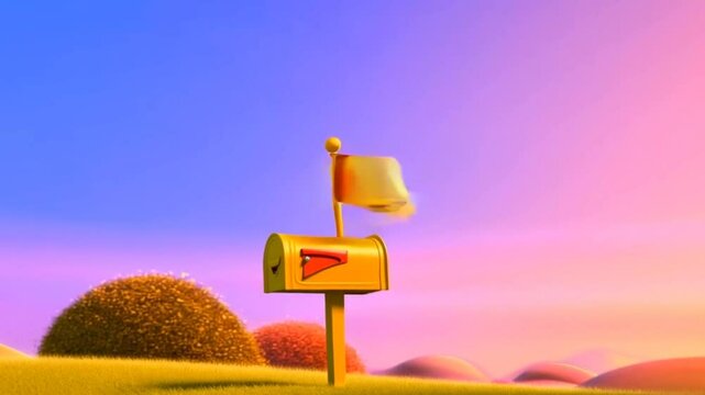 Cartoon mailbox with raised flag standing in colorful minimal landscape seamless looping 4k time-lapse animation video background