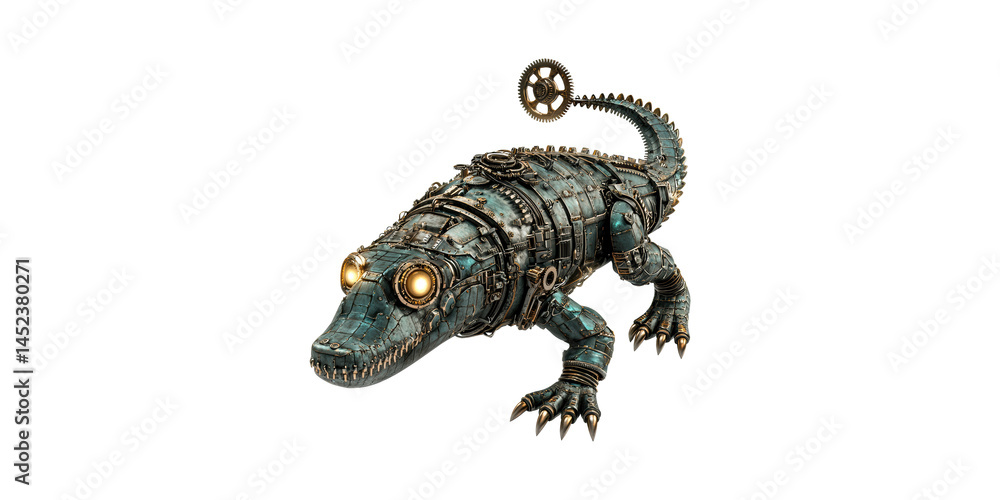 Poster steampunk mechanical crocodile with gears and lights. futuristic robotic design concept isolated on 