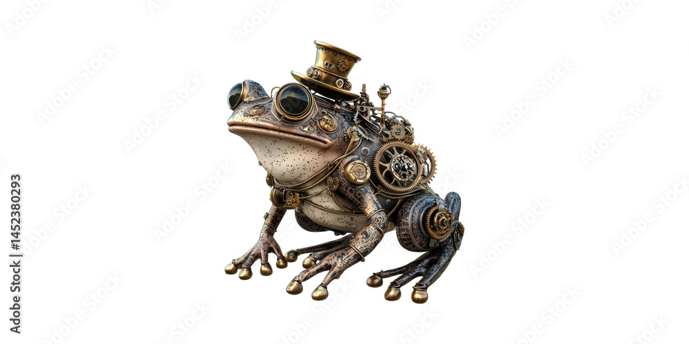 Poster steampunk mechanical frog with gears and top hat. fantasy and retro futuristic design isolated on tr