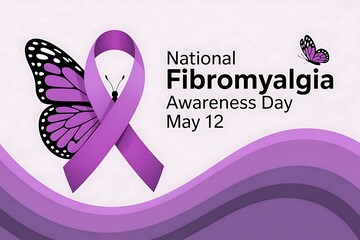 Fototapeta premium National Fibromyalgia Awareness Day May 12 Purple ribbon and butterfly graphic elegant design
