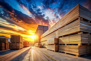 Silhouette of Stacked Lumber in a Warehouse at Sunset - Timber Storage