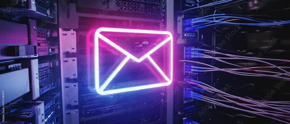 Poster a neon pink and blue email icon hovers between humming server racks bathed in soft ultraviolet light