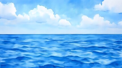 Fototapeta premium Serene Watercolor Ocean Scene Blue Sky Cloudscape Painting