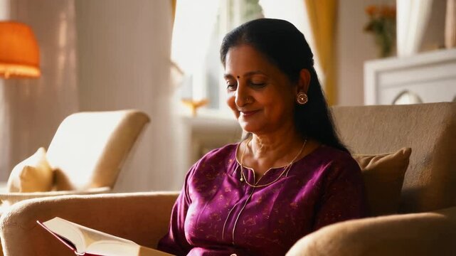 A South Asian woman enjoys reading a book while seated comfortably in a well-lit living room, exuding warmth and tranquility