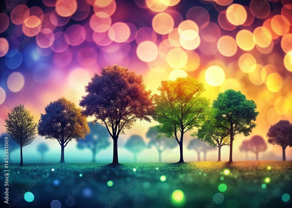 Poster silhouette tree line drawing: architectural & landscaping design elements with bokeh