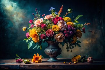 Fototapeta premium Silhouette Vintage Floral Arrangement Dark Background Stock Photo