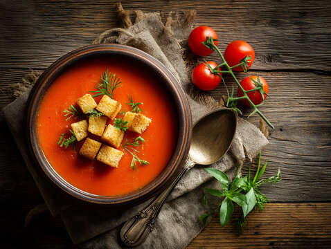 cold gazpacho soup in a ceramic bowl with croutons and herbs, rustic wooden table background, natural light, top view

 - Powered by Adobe
