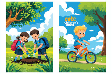 Cute Cartoon Kids Planting Tree And Riding Bike In Summer Park Vector