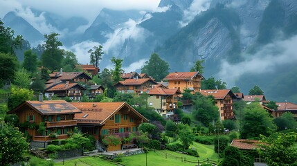 Fototapeta premium Traditional Swiss village with scenic mountain view high resolution images