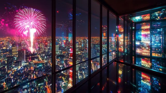 高層ビルから見る東京の夜景と花火の幻想反射