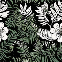 Tropical Floral Embrace a seamless pattern featuring lush green leaves and delicate white flowers on a dark backdrop. This artistic and detailed design exudes natural beauty and tropical charm.