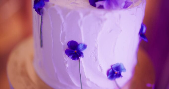 Close-up of Decorated Cake with Viol flowers
