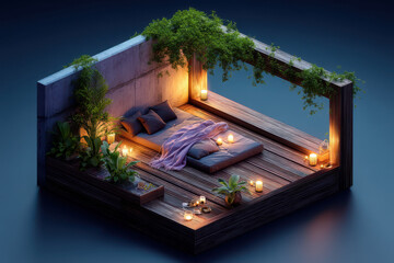 Cozy evening setup with soft bedding, warm lighting, and lush greenery creates serene atmosphere for relaxation