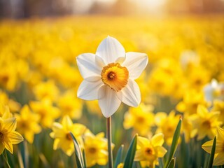 Fototapeta premium Solitary White Daffodil in a Sea of Yellow Spring Flowers