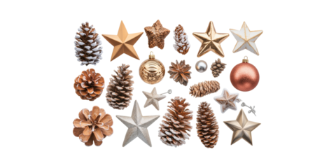 Christmas Decorations With Pine Cones And Stars. Festive Holiday Ornament Collection Isolated On Transparent Background