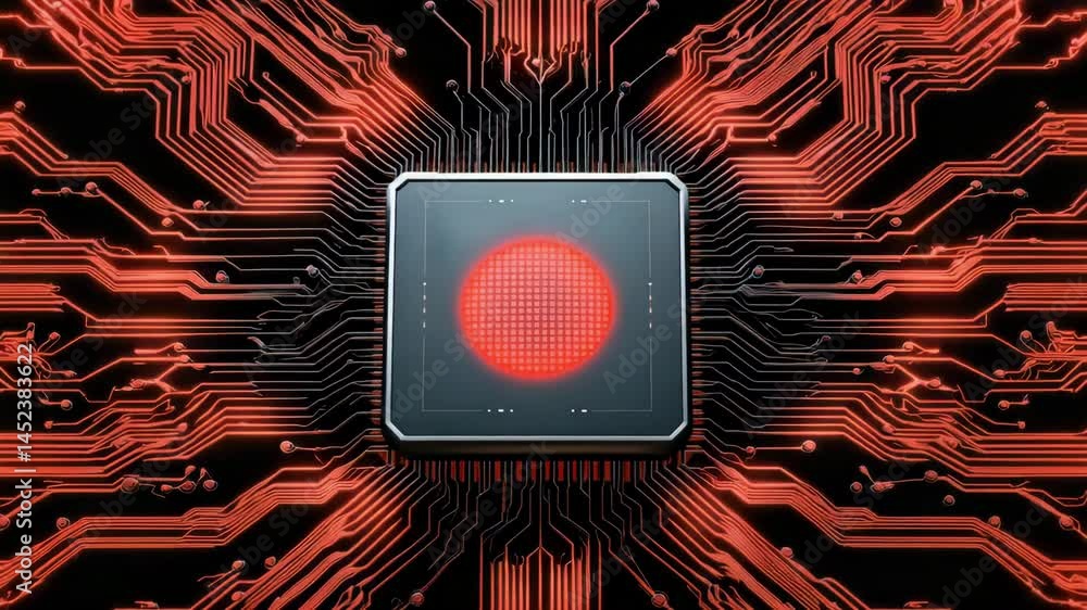 Poster red glowing microchip and circuit board with electronic pathways and futuristic technology
