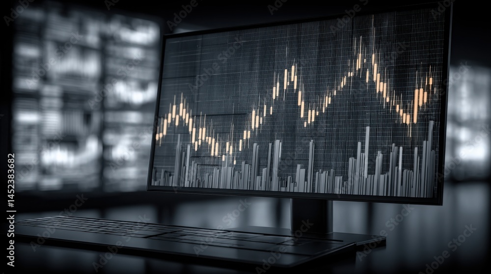 Poster computer screen displaying financial chart representing neurofinance-driven trading models and behav