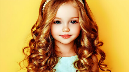 Fototapeta premium Cute girl with long, curly, auburn hair, light teal dress, and gold headband, vibrant yellow background